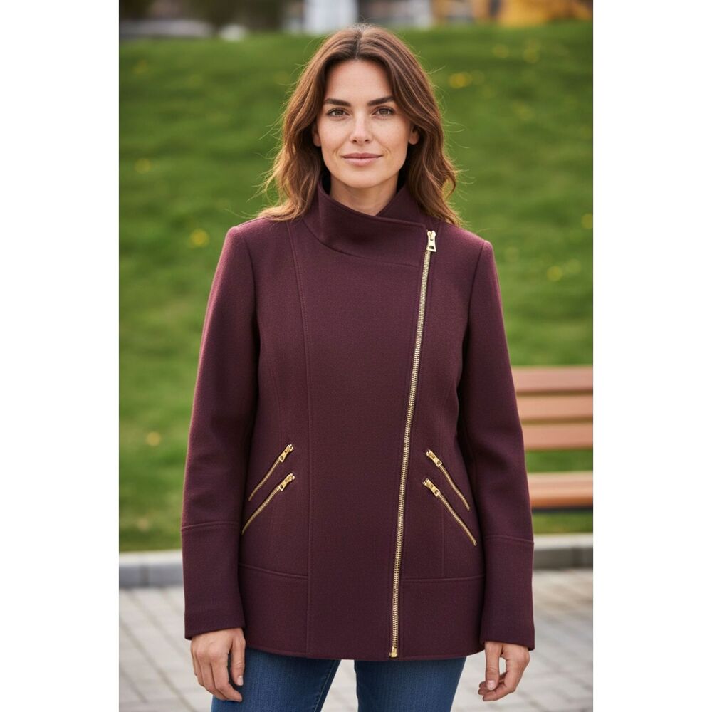Guess LA Vintage Wool-Blend Moto-Style Gold Zip Detail Coat Wine Women's Large - Picture 4 of 12